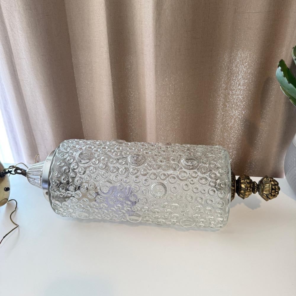 Vintage MCM Textured Bubble Glass Cylinder Swag Pendant Lamp Brass Finial 1970s